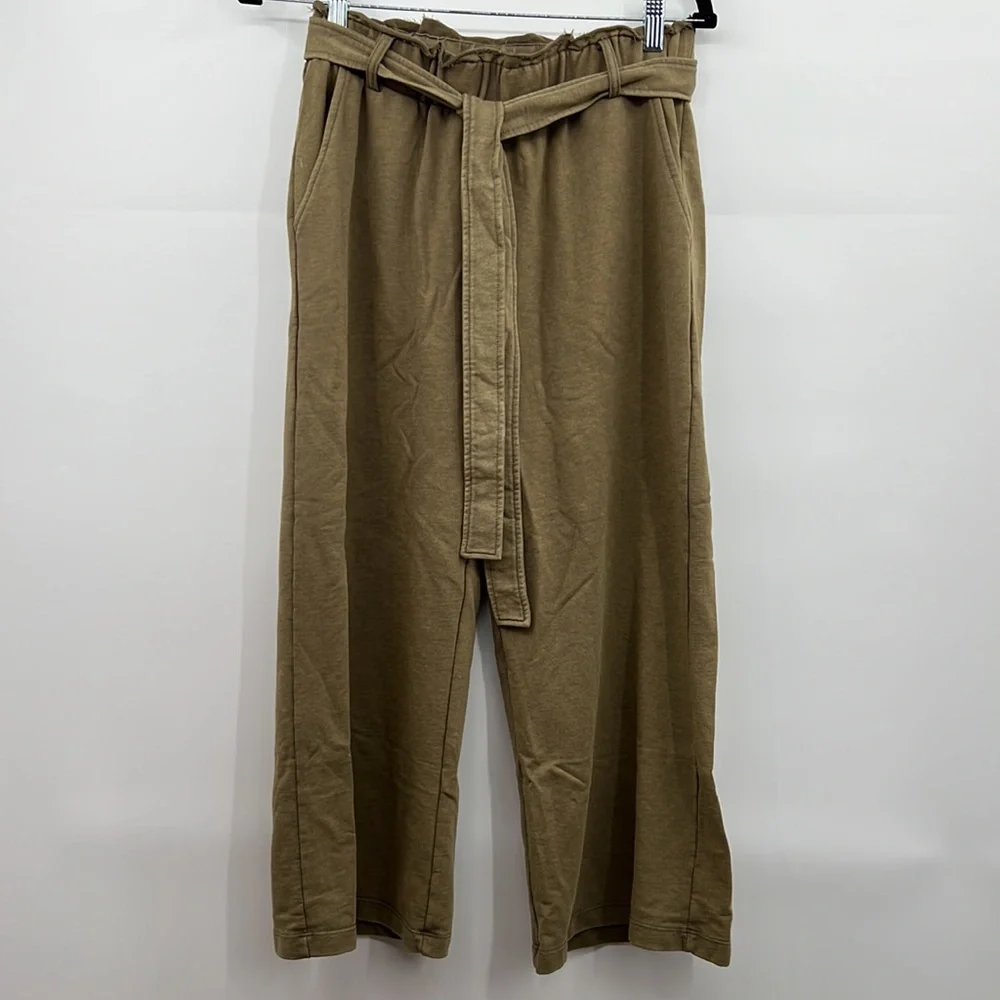 🆕Olive Green French Terry Paperbag Waist Tie High Waist Wide Leg Pants S,M & L - Picture 11 of 16